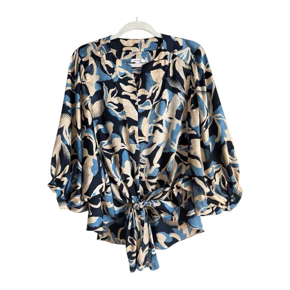 Chicos Ethereal Song Blouse Size 12 Blue Abstract Tie Front Top Whimsygoth Chic